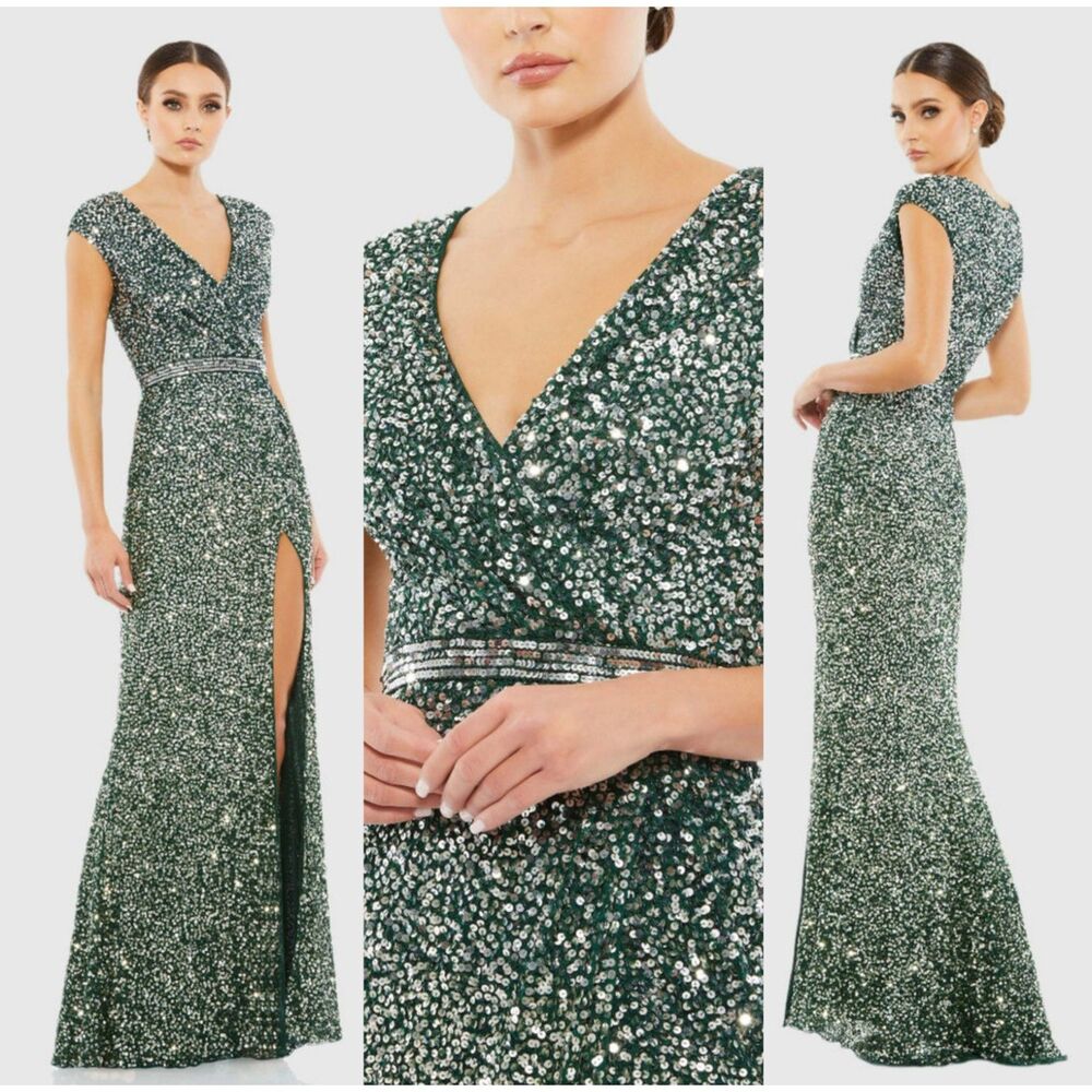 Mac Duggal Green Cap Sleeve Sequined High Slit Gown Size 14 Maxi Dress 5489 New